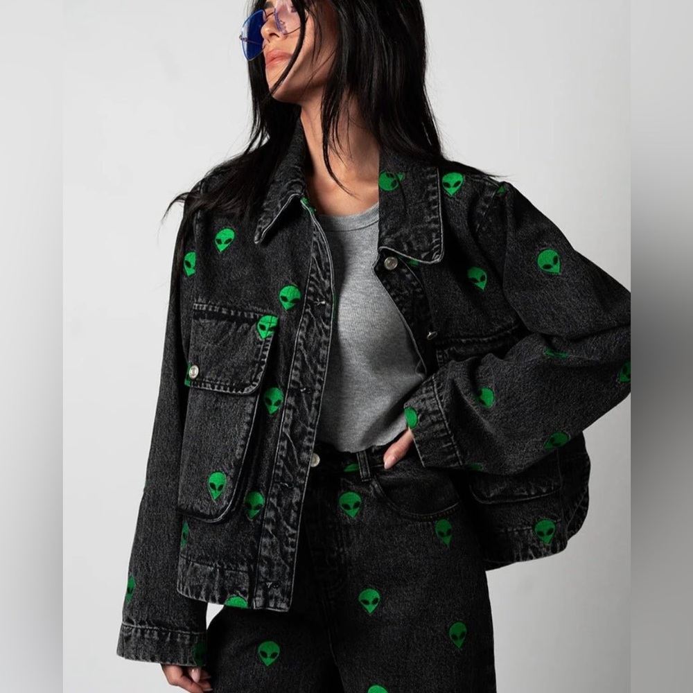 Dressed in LALA I Need Space Embroidered Alien Denim Jacket